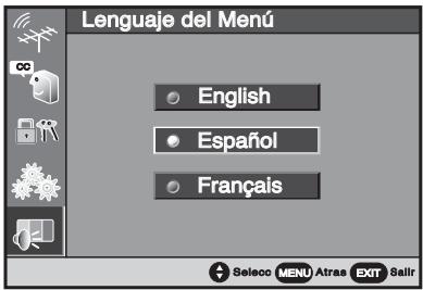 Lenguaje del Menú English Español Français Seleco MENU Atras EXIT Sell