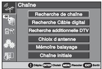 Chaîne Recherche de chaîne Recherche Câble digital Recherche additionnelle DTV Chloix d'antenne Mémoire balayage Chaîne initiale Dépla ENTER Cholair MENU Reculer EXIT Sortir