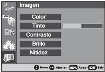 Imagen Color Tinte Contraste Brillo Nitidez Mover Ajustar MENU Atras EXIT Salt