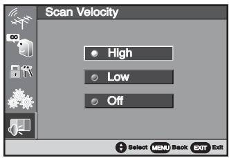 Scan Velocity High Low Off Select MENU Bank EXIT Exit