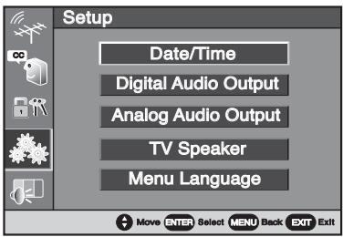 Setup Date/Time Digital Audio Output Analog Audio Output TV Speaker Menu Language Move ENTER Select MENU Back EXIT Exit