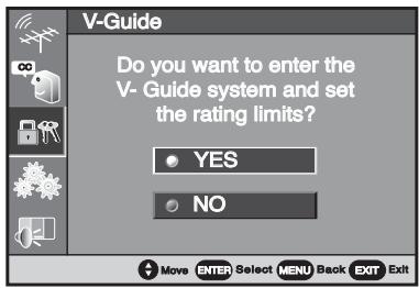 V-Guide Do you want to enter the V- Guide system and set the rating limits? YES NO Move ENTER Select MENU Back EXIT Exit