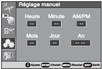 Réglage manuel Heure Minute AM/PM Mois Jour An Ajuste ENTER Cholair MENU Reculer EXT Sortir