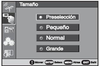Tamaño Preselección Pequeño Normal Grande Mover ENTER Delete MENU Atras EXIT Seir