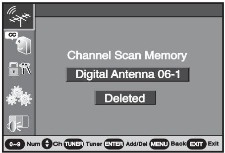 Channel Scan Memory Digital Antenna 06-1 Deleted 0-9 Num Ch Tuner Tuner ENTER Add/Del MENU Back Exit Exit