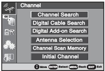 Channel Channel Search Digital Cable Search Digital Add-on Search Antenna Selection Channel Scan Memory Initial Channel Move ENTER Select MENU Back EXT Exit