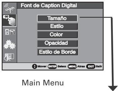 Font de Caption Digital Tamaño Estilo Color Opacidad Estilo de Borde Main Menu