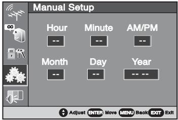 Manual Setup Hour Minute AM/PM Month Day Year Adjust ENTER Move MENU Back EXT Exit