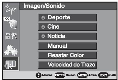 Imagen/Sonido Deporte Cine Noticia Manual Resatar Color Velocidad de Trazo Mover ENTER Seleoo MENU Atras EXT Sell