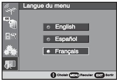 Langue du menu English Español Français Cholair MENU Reculer EXIT Sortir