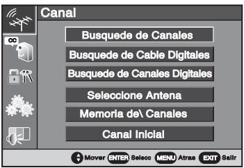Canal Busquete de Canales Busquete de Cable Digitales Busquete de Canales Digitales Seleccione Antena Memoria del Canales Canal Inicial Move Enter Select Menu Atras Exit Salt