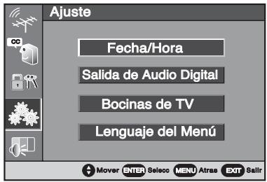 Ajuste Fecha/Hora Salida de Audio Digital Bocinas de TV Lenguaje del Menú Mover ENTER Select Menu Atras EXIT Sell