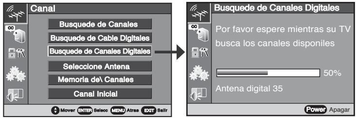 Canal Busquete de Canales Busquete de Cable Digitales Busquete de Canales Digitales Seleccione Antena Memoria de Canales Canal Inicial Mover ENTER Selecto MENU Atras EXIT Bellr Busquete de Canales Digitales Por favor espere mientras su TV busca los canales disponibles 50% Antena digital 35 Power Apagar