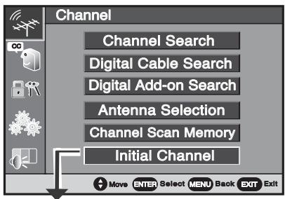 Channel Channel Search Digital Cable Search Digital Add-on Search Antenna Selection Channel Scan Memory Initial Channel Move ENTER Select MENU Back EXIT Exit