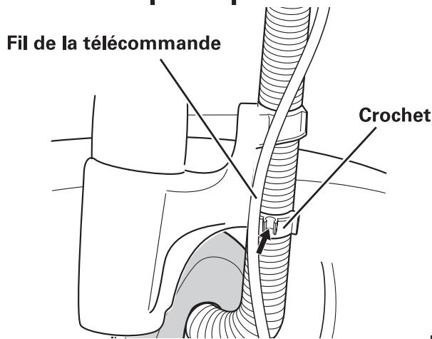 SANYO HEC-DR8700K - Passez le fil de la télécommande dans le crochet situé sur le côté droit du support du dispositif de commande par capteur. - 1
