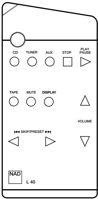 CD TUNER AUX STOP PLAY PAUSE TAPE MUTE DISPLAY VOLUME SKIP/PRESET NAD L 40