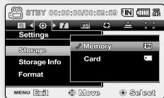 STBY 00:00:00:00:50:50 Settings Storage Storage Info Format Menu Exit Move Select Memory Card
