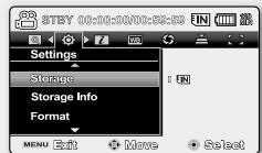 STBY 00:00:00W00:58:59 Settings Storage Storage Info Format MENU Exit Move Select