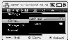 STBY 00:00:00/00:38:59 Settings Storage Storage Info Format Menu Edit Move Select Memory Card