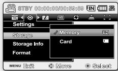 STBY 00:00:00:00:59:59 Settings Storage Storage Info Format Menu Exit Move Select Memory IN Card