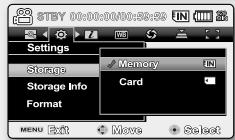 STBY 00:00:DIN:00:50:54 Settings Storage Storage Info Format Menu Exit Move Select Memory Card