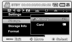 STBY 00:00:00:00:34:54 Settings Storage Storage Info Format Menu Exit Move Select Memory Card