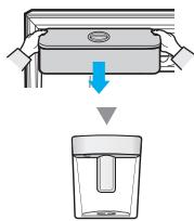 Diagram showing a container being placed into a container with liquid, indicating fluid flow or storage process.