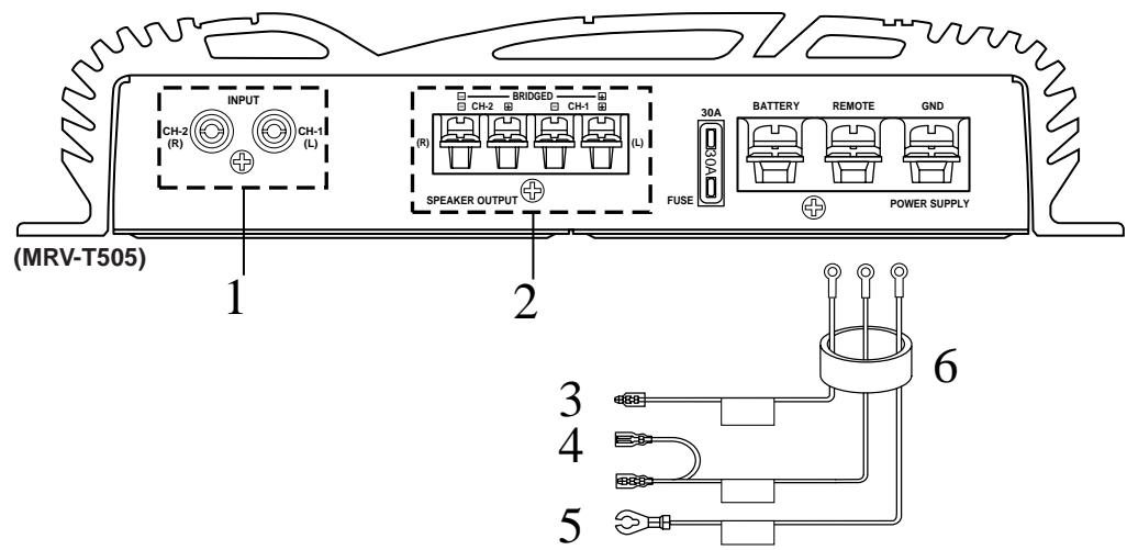 (MRV-T505) 1 2 3 4 5 INPUT CH-2 (R) CH-1 (L) BRIDGED CH-2 CH-1 (R) (L) SPEAKER OUTPUT 30A BATTERY REMOTE GND POWER SUPPLY FUSE