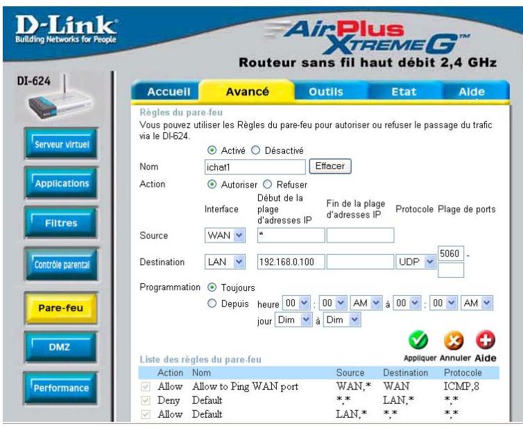 D-LINK DI-624 WIRELESS - Étape 3 créez une nouvelle règle de pare-feu : - 1