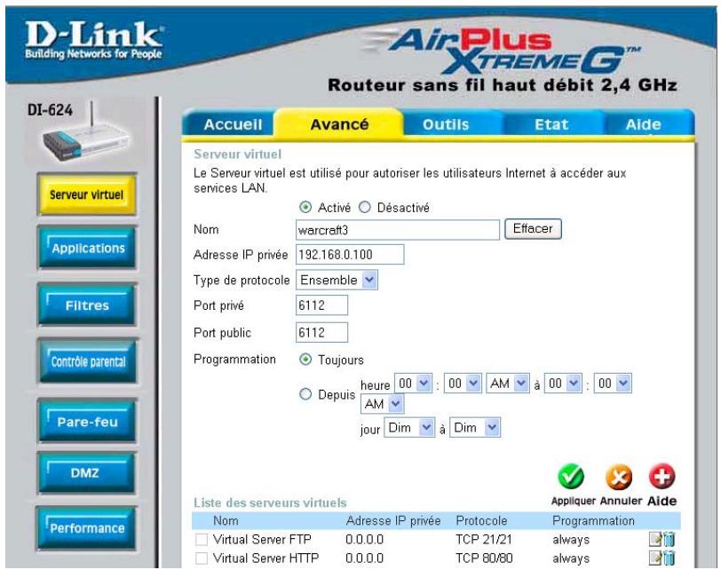 D-LINK DI-624 WIRELESS - Étape 2 cliquez sur avancé puis sur serveur virtuel. - 1