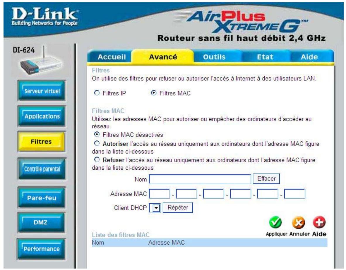 D-LINK DI-624 WIRELESS - Avancé > filtres > filtres MAC - 1