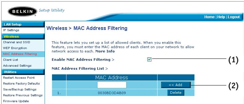 BELKIN POINT D'ACCÉS 802.11B #F5D6130FR - So aktivieren Sie den MAC-Adressfilter - 1