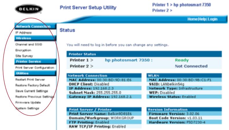 BELKIN SERVEUR D’IMPRESSION SANS FIL #F1UP0001FR - Interface web - Page d'accueil - 1