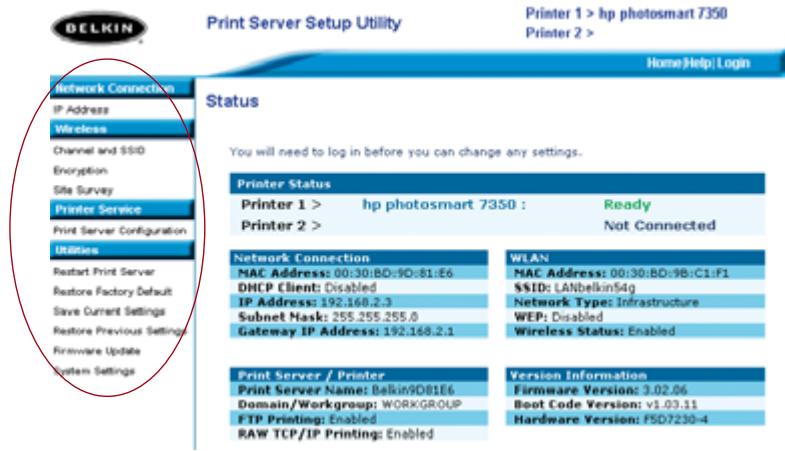 BELKIN SERVEUR D’IMPRESSION SANS FIL #F1UP0001FR - Web Interface - Home Page - 1