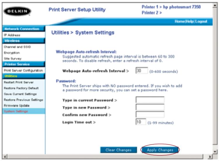BELKIN SERVEUR D’IMPRESSION SANS FIL #F1UP0001FR - Web Interface - System Settings (Changing Password) - 1
