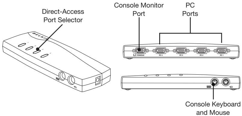 BELKIN SWITCH KVM 4 PORTS OMNIVIEW E (AVEC 4 CÂBLES) #F1DB104P2EAB - Front/Rear View of the 4-Port E Series KVM Switch: - 1