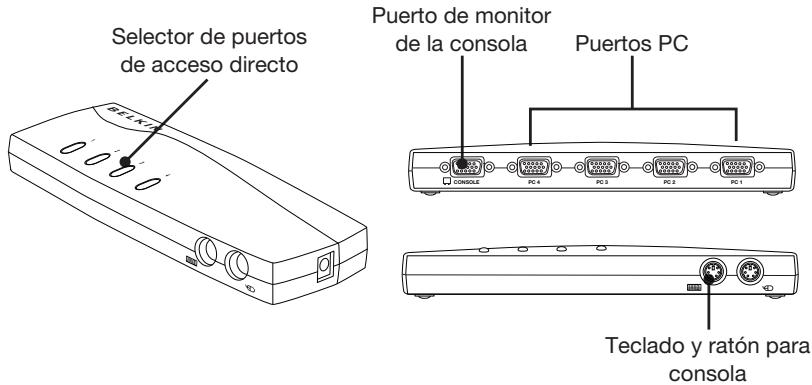 BELKIN SWITCH KVM 4 PORTS OMNIVIEW E (AVEC 4 CÂBLES) #F1DB104P2EAB - Vista frontal/trasera del conmutador KVM Serie E de 4 puertos: - 1