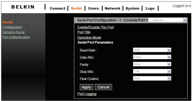 BELKIN SERVEUR DE CONSOLE SÉRIE OMNIVIEW #F1DP116SEA - Paramètres du port série - 1