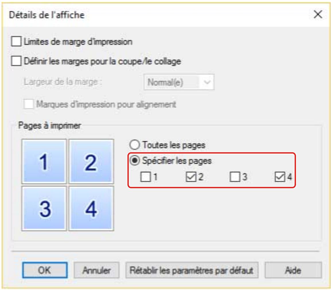 Détails de l'affiche Limites de marge d'impression Définir les marges pour la coupe/le collage Largeur de la marge : Normal(e) Marques d'impression pour alignement Pages à imprimer 1 2 3 4 Toutes les pages Spécifier les pages 1 2 3 4 OK Annuler Rétablir les paramètres par défaut Aide
