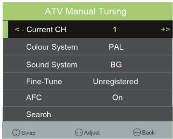AKAI ATE-43B6344K - ATE-55B5544K - Recherche manuelle des chaînes analogiques ATV - 1