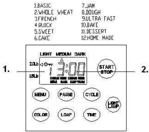1.BASIC 2.WHOLE WHEAT 3.FRENCH 4.QUICK 5.SWEET 6.CAKE 7.JAM 8.DOUGH 9.ULTRA FAST 10.BAKE 11.DSSERT 12.HOME MADE LIGHT MEDIUM DARK 2.0Lb 3.00 2.0Lb START STOP MENU PAUSE CYCLE COLOR LOAF TIME LIGHT LAMP