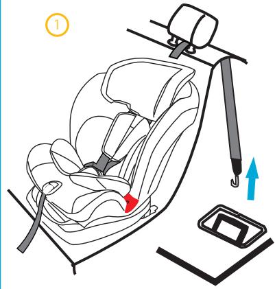 Diagram of car seat assembly with labeled parts and directional arrows indicating movement or force