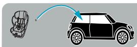 Diagram showing car seat arrangement and a blue arrow indicating direction of movement from seat to car