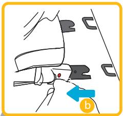 Diagram showing a car seatbelting mechanism with a blue arrow labeled 'b' pointing to the seatbelt.