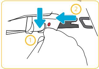 Diagram showing a hand holding a small object with two labeled arrows (① and ②) indicating direction of movement or force.