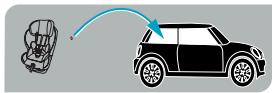 Diagram showing car seat and car with a blue arrow indicating direction, likely illustrating vehicle safety or driving concept.