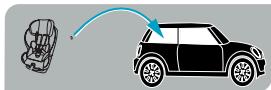 Diagram showing car seat and car with a blue arrow indicating direction, likely illustrating vehicle safety or driving process.
