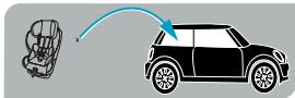 Diagram showing car seat and car with a blue arrow indicating direction, likely illustrating vehicle safety or driving concept.
