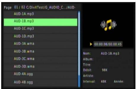 Page 01 / 02 C/DivXTest/G_AUDIO_C.../AUD- AUD-1A.mp3 AUD-1B.mp3 AUD-1C.mp3 AUD-1D.mp3 AUD-3A.wma AUD-3B.wma AUD-3C.wma AUD-3D.wma AUD-4A.ogg AUD-4B.ogg 00:00:06/00:00:45 Nom: AUD-1B.mp3 Album: Titre: Débit: 98K Artiste: Interval: 48K Année: