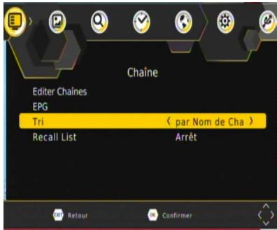 Chaîne Editor Chaînes EPG Tri < par Nom de Cha > Recall List Arrêt Retour Confirmer